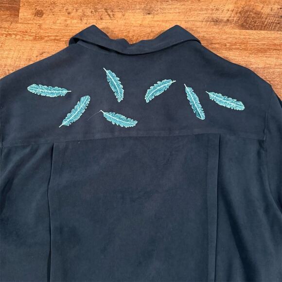 Vintage Teal Jacket XL Blue Feather Embroidery Button-Up Casual Faux Suede READ - Picture 6 of 14